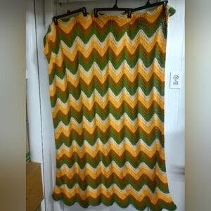 Vintage Handmade Crochet Afghan Blanket Chevron Zigzag Stripe Green Brown Green